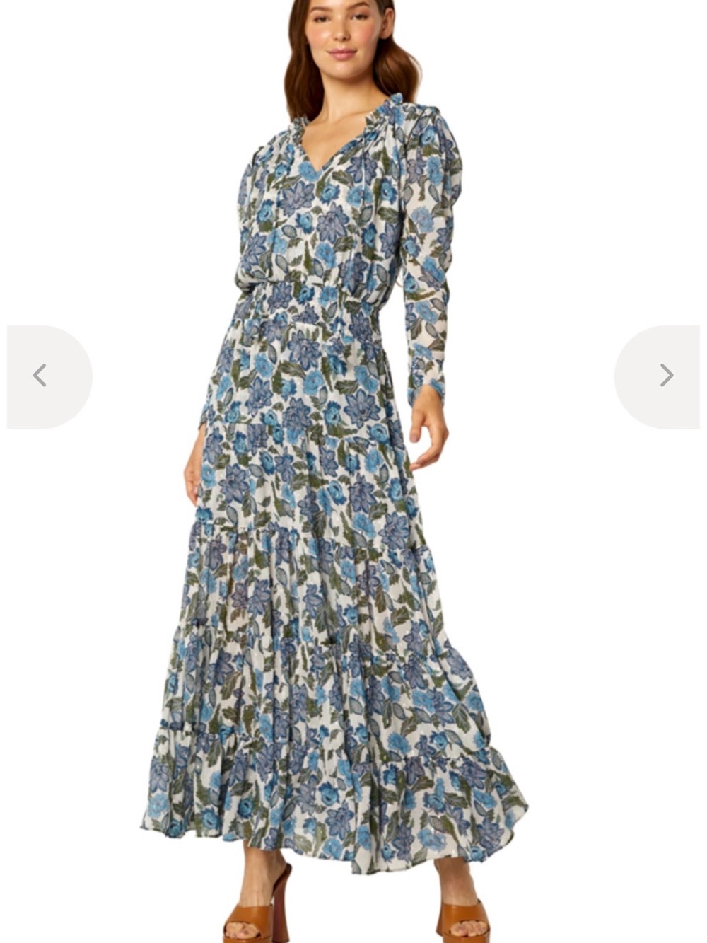 Misa Los Angeles Blue Floral Ruffle V-Neck Maxi Dress